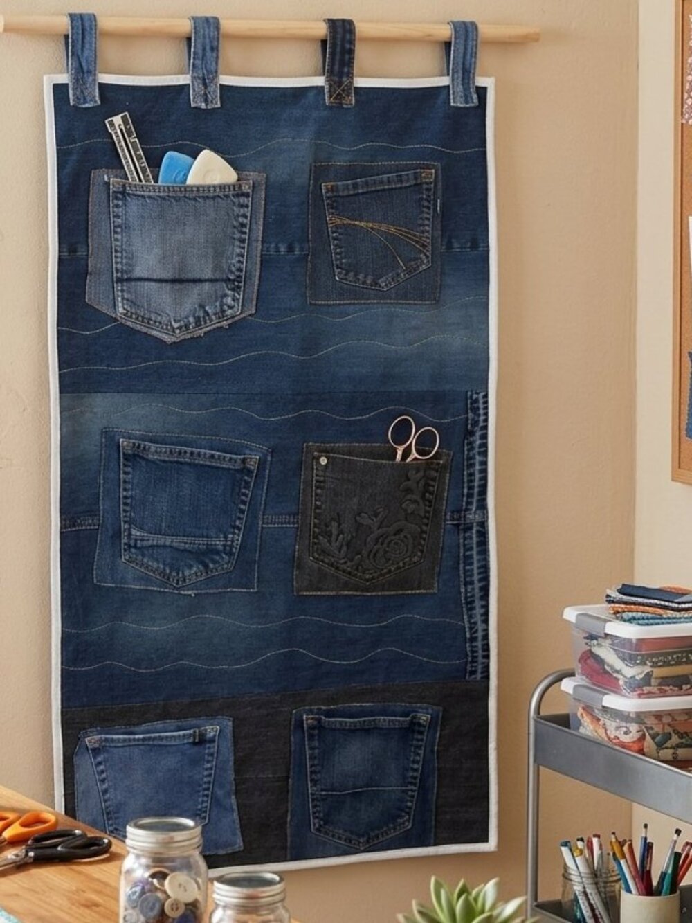 Upcycled Denim Jeans Hanging Wall Organizer Storage Craft Sewing Supply Holder